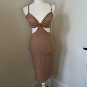 Tan Ribbed Knit Midi Dress